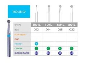 3D Dental Round Diamond Bur Coarse, 801L-012C 10/Pk
