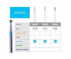 3D Dental Round+Neck Diamond Medium Bur, 802-009M 10/Pk