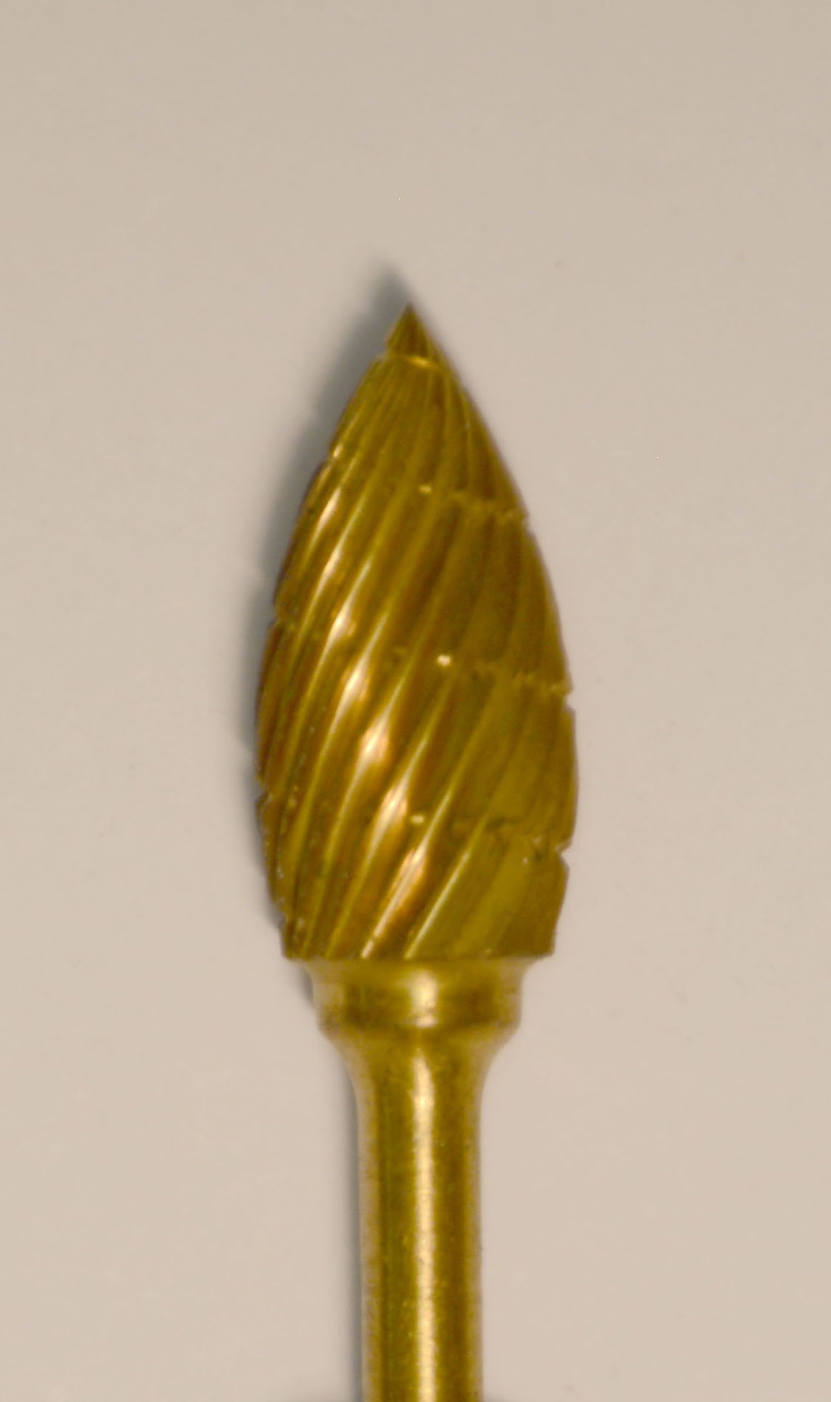 Buffalo Dental Gold Cap Lab Burs, 3/32″ Shank Flame (63B) TNT-Coated Dual Cut Regular HP Carbide Bur