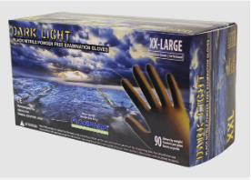 CASE: PACK OF 10: 90/BOX, XX-LARGE, BLACK Adenna Dark Light 9 mil Nitrile Powder Free Exam Gloves