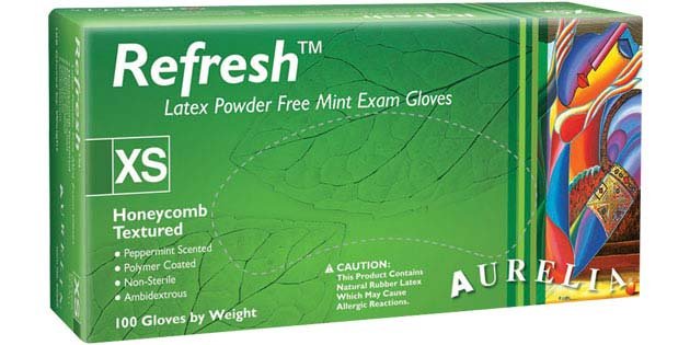 Supermax Aurelia Refresh - Powder-free latex exam gloves with a peppermint scent - X-SMALL ( Teal )