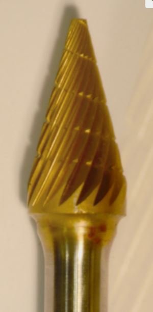 Buffalo Dental Gold Cap Lab Burs 3/8" Cone (B3/8) TNT-Coated Dual Cut Regular Carbide Bur w/ 1/4" Shank