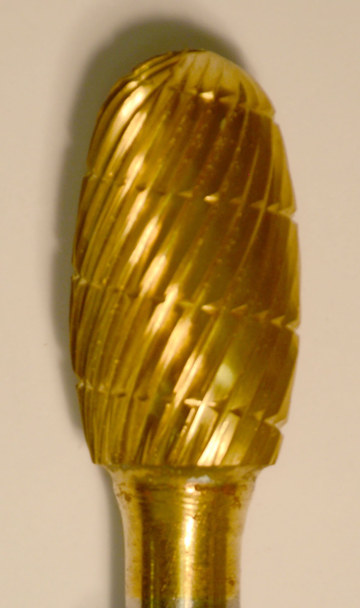 Buffalo Dental Gold Cap Burs, 1/4″ Shank, 1/2″ Head Lathe Burs 1/2" Egg (D1/2) TNT-Coated Dual Cut Regular HP Carbide Bur
