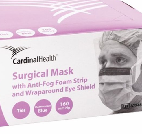 CardinalHealth ASTM Level 3 Surgical Mask with Anti - Fog Foam strip tie Back 50 Mask / Box - Mediterranean Blue