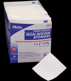 DUKAL Gauze Sponge, 2" x 2" Non-Woven, Premium, Sterile, 4-Ply, 2/pk, 50 pk/bx