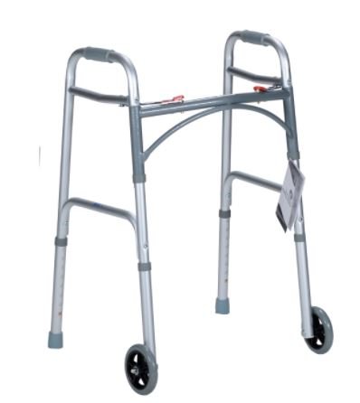Dynarex Adult Two Button Folding Walker with 5inch Wheels, (32.5”-39.5”), 1pc/bag