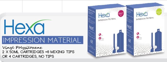 Hexa VPS Impression Material  50ml, Light Body, Regular Set, 2 Cartridges+6 Mixing Tips - HS-0001