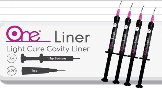 HEXA One Liner Light Cure Cavity Liner, 1.5gr Syringe (4/Pack) + 20 Pre-Bent Tips