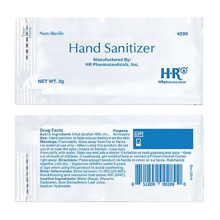 PACK OF 6, Hand Sanitizer HR, 3 Gram Ethyl Alcohol Gel Individual Packets.