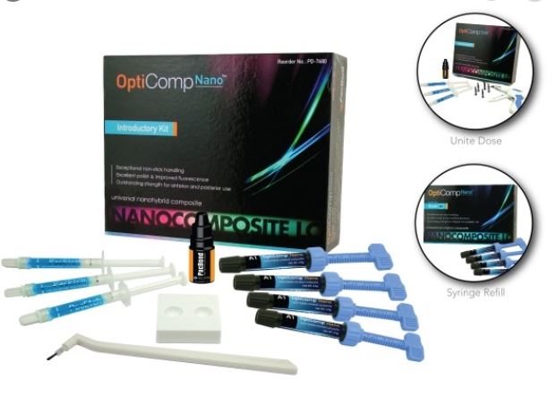 Pacdent OptiComp Nano Syringe Kit; Contents: 1x7ml PacBond, 2-well mixing wells, 20x etching tips, 1xbrush tip, 1xbrush tip handle, 1xmixing pad, 3x 1.2cc PacEtch etching gel, one 4gm syringe each in shade A1, A2, A3, and B1.