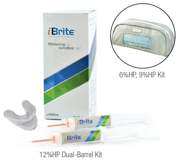 PacDent iBrite® 6% H2O2 tooth whitening kit, 6 x 1.2 ml syringes, 1 x iBrite Tray w/silicone bite impression, 6 x dispensing tips