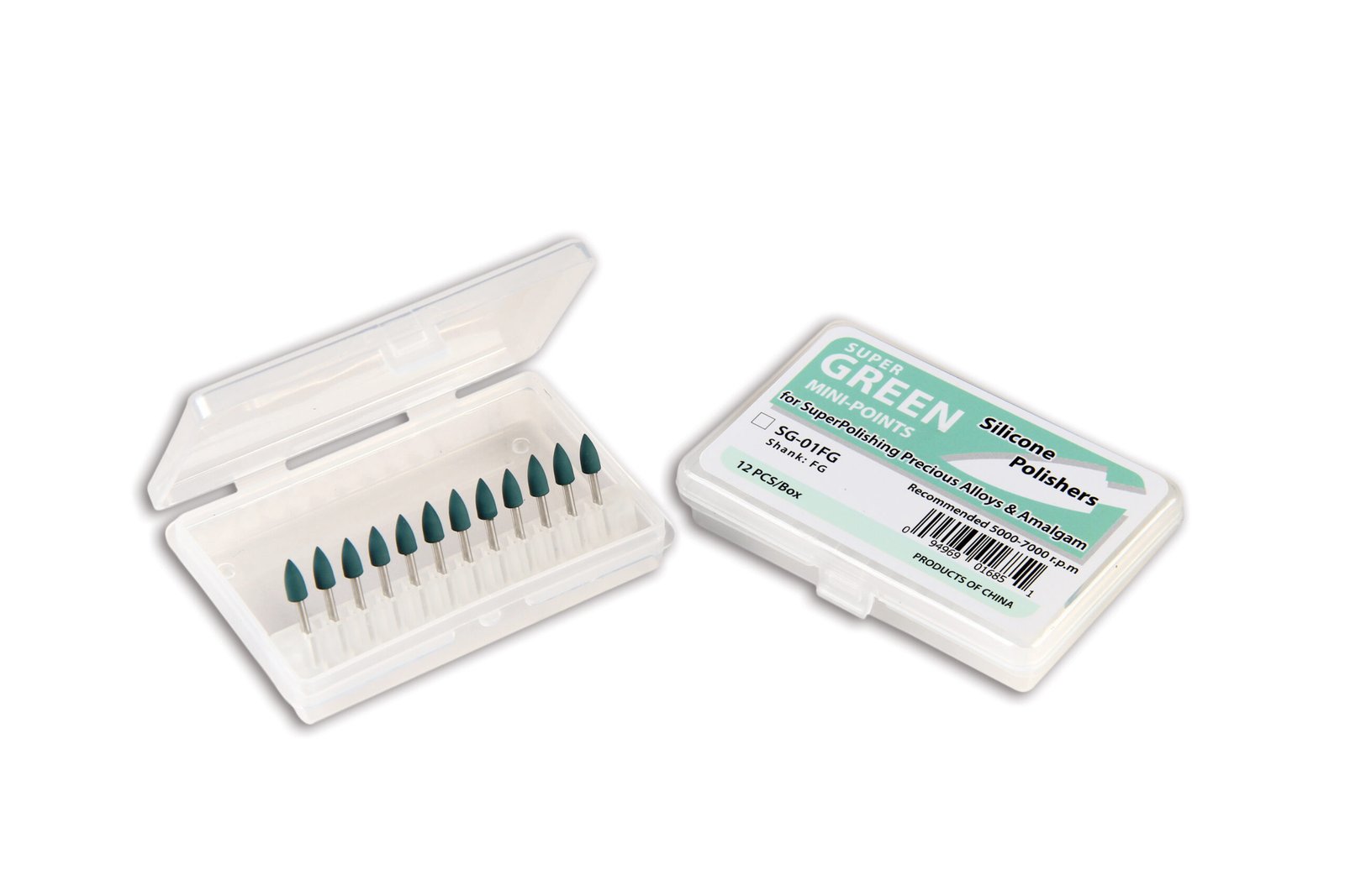 Plasdent SILICONE MINI POINT/ FG SUPER GREEN, for Super-Polishing (12 pcs/box)