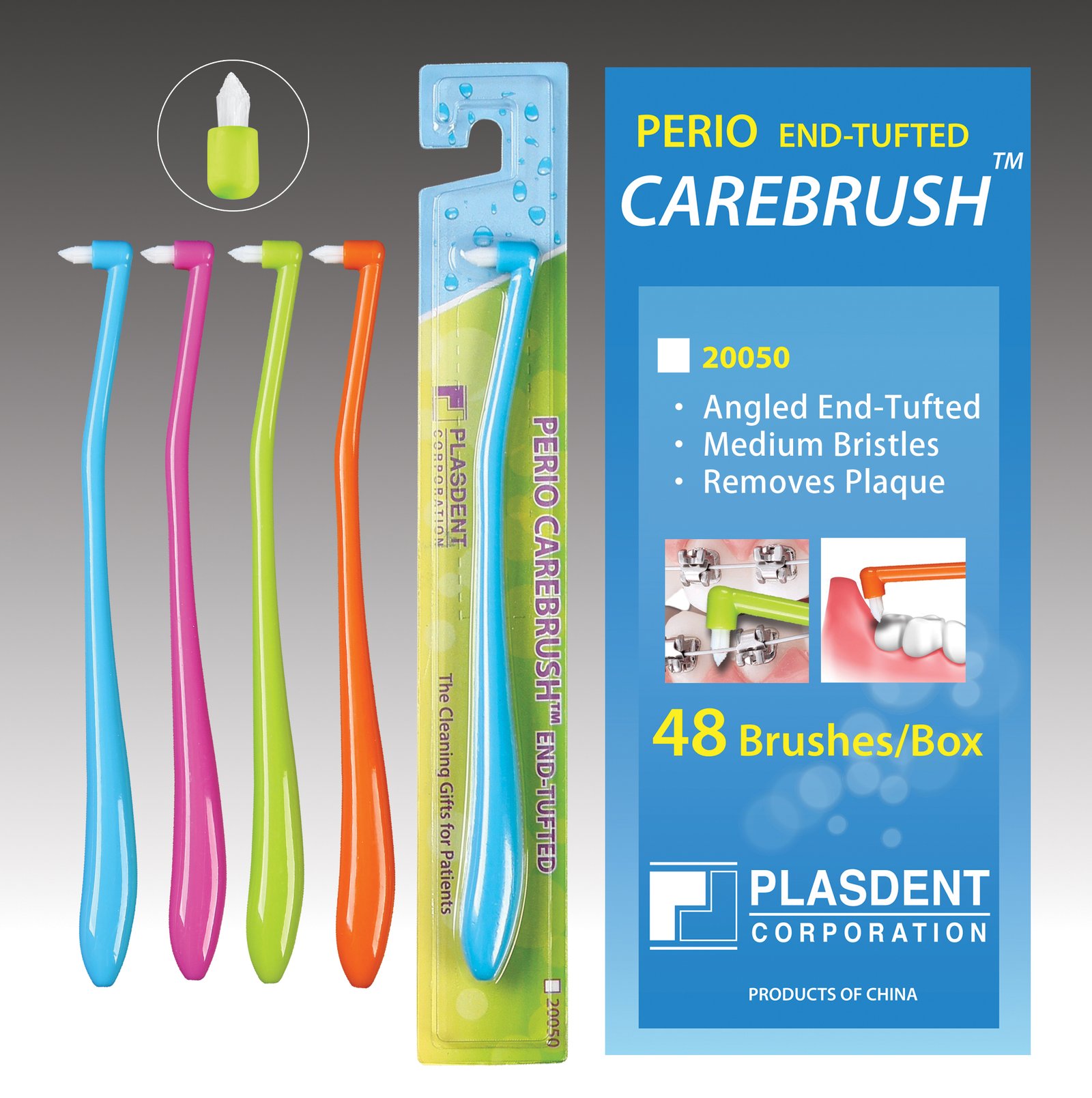 Plasdent END-TUFTED SPECIALTY BRUSH, 4 Assorted Colors, (48pcs/box)
