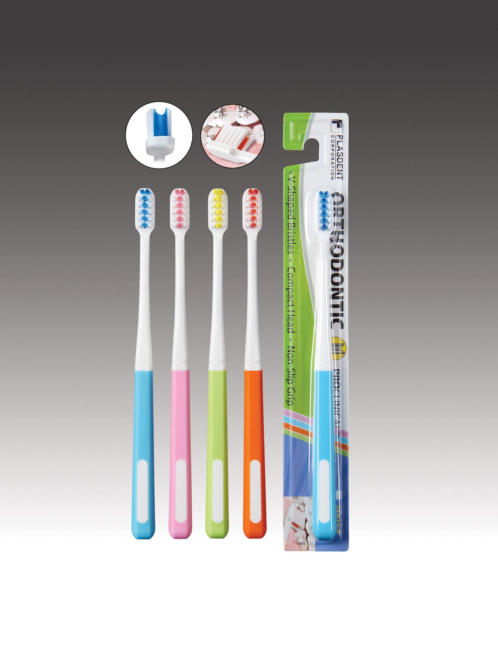 Plasdent ORTHODONTIC V-SHAPED TOOTHBRUSH, Assorted 4 colors, 12 Brushes/box