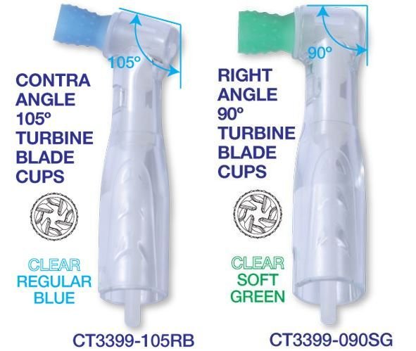 Premium Plus Disposable Prophy Angles Clear Body with Latex-Free "Turbine Blade" Cups (100 pcs) - Clear/Soft - 105°