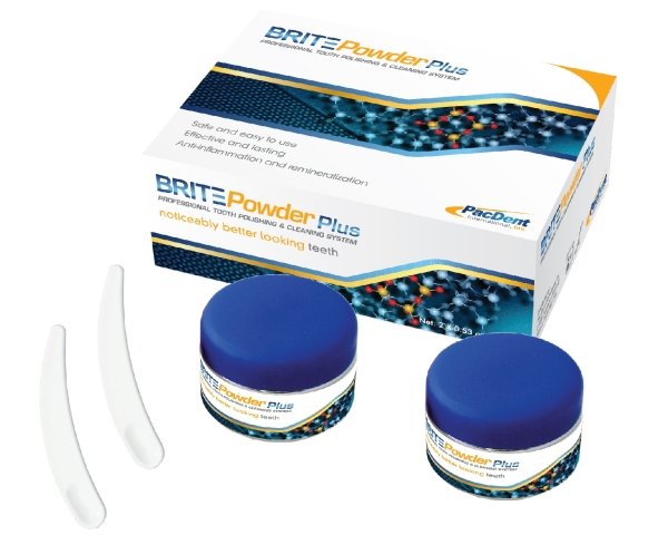 PacDent Brite Powder™ Plus - 1 X Brite Powder Plus kit: 2 jars of powder (2 x 20 ml),  2 measuring scoops, 1 user instructions