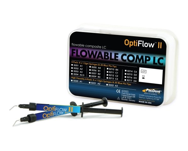 PacDent OptiFlow™ II, Flowable Composites, LC 4-pack: 4x 1.5 gm Syringes & 20 Blue Flo-Tips - A2