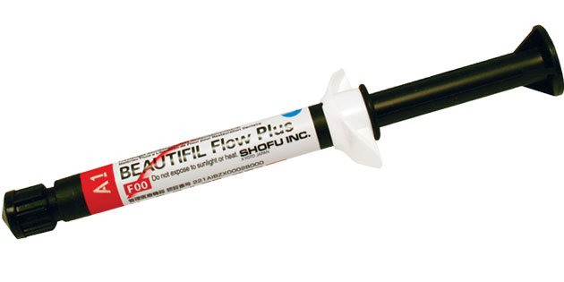 Shofu Beautifil Flow Plus syringe refill F00 viscosity A2, 1 x 2.2g syringe, 5 dispensing needle tips.