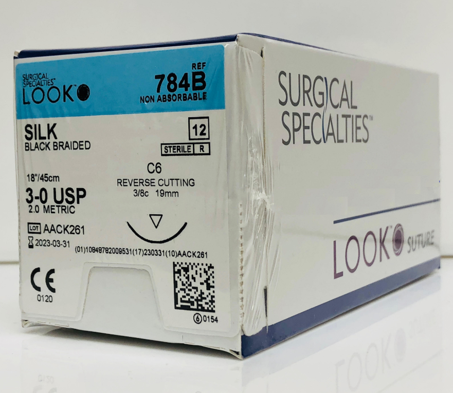 SURGICAL SPECIALTIES LOOK™ DENTAL SUTURES - 3/0 Silk Suture, Black Braided, 18"/45cm, C6, 18mm 3/8 Circle, 12/bx